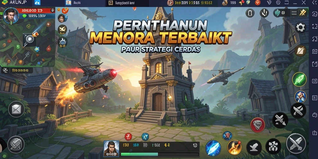 Tampilan gameplay menegangkan di AKUNJP dengan strategi pertahanan menara.