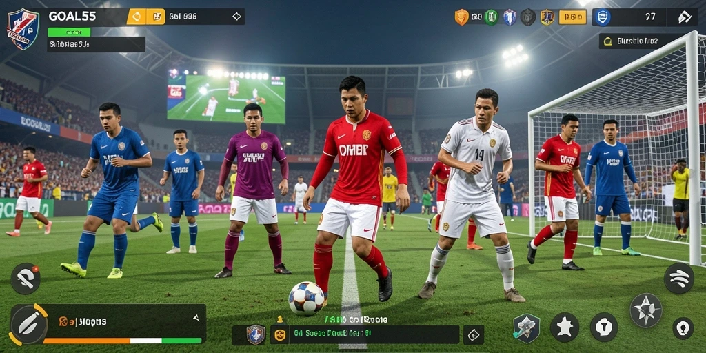Screenshot gameplay GOAL55 dengan tampilan manajemen tim yang menarik.