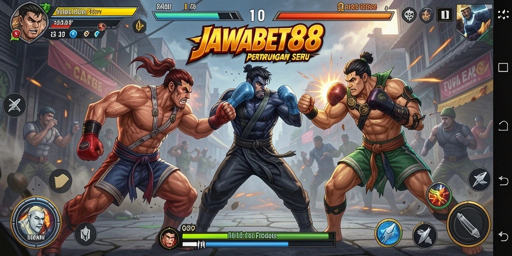 Screenshot utama JAWABET88 menampilkan aksi pertarungan yang intens.