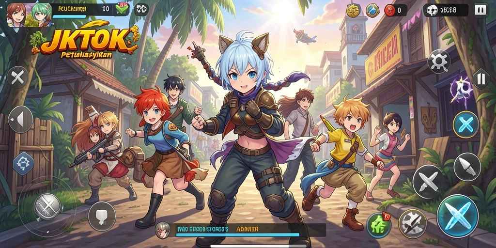 Tangkapan layar utama JKTOK menampilkan karakter Anime dalam aksi petualangan.