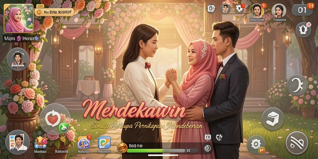 Tangkapan layar permainan MERDEKAWIN dengan karakter meriah menyiapkan pernikahan.