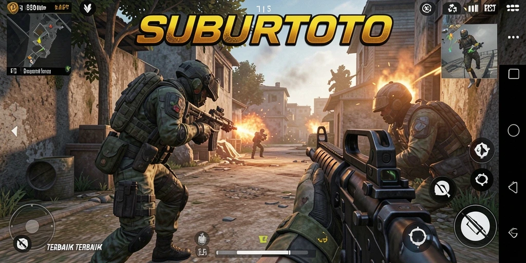 Tampilan aksi intens dari gameplay SUBURTOTO dalam pertempuran FPS.